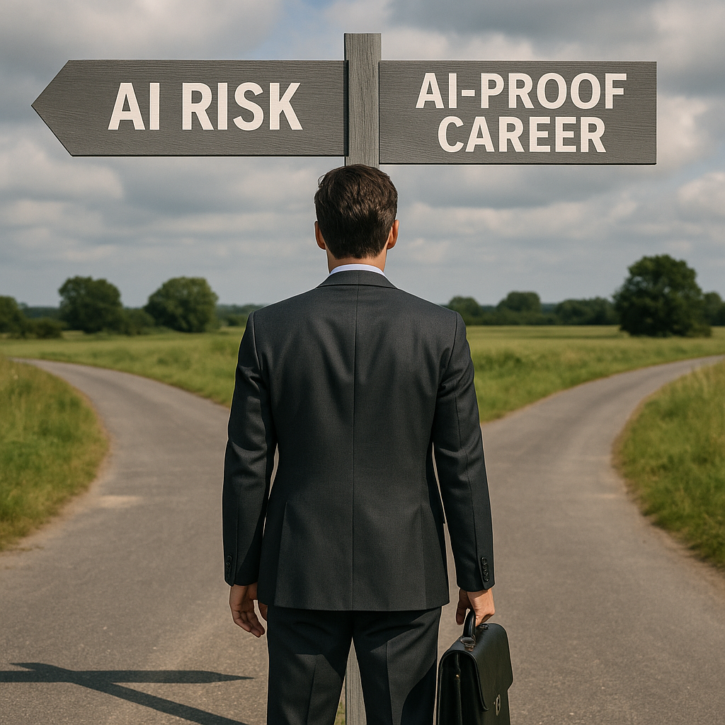Professional at a crossroads choosing between AI risk and AI-proof career paths