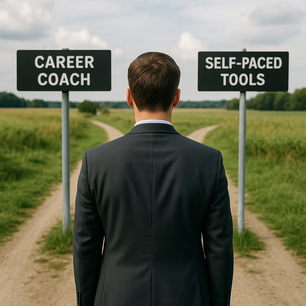 Person standing at crossroads weighing a career coach against self-paced tools