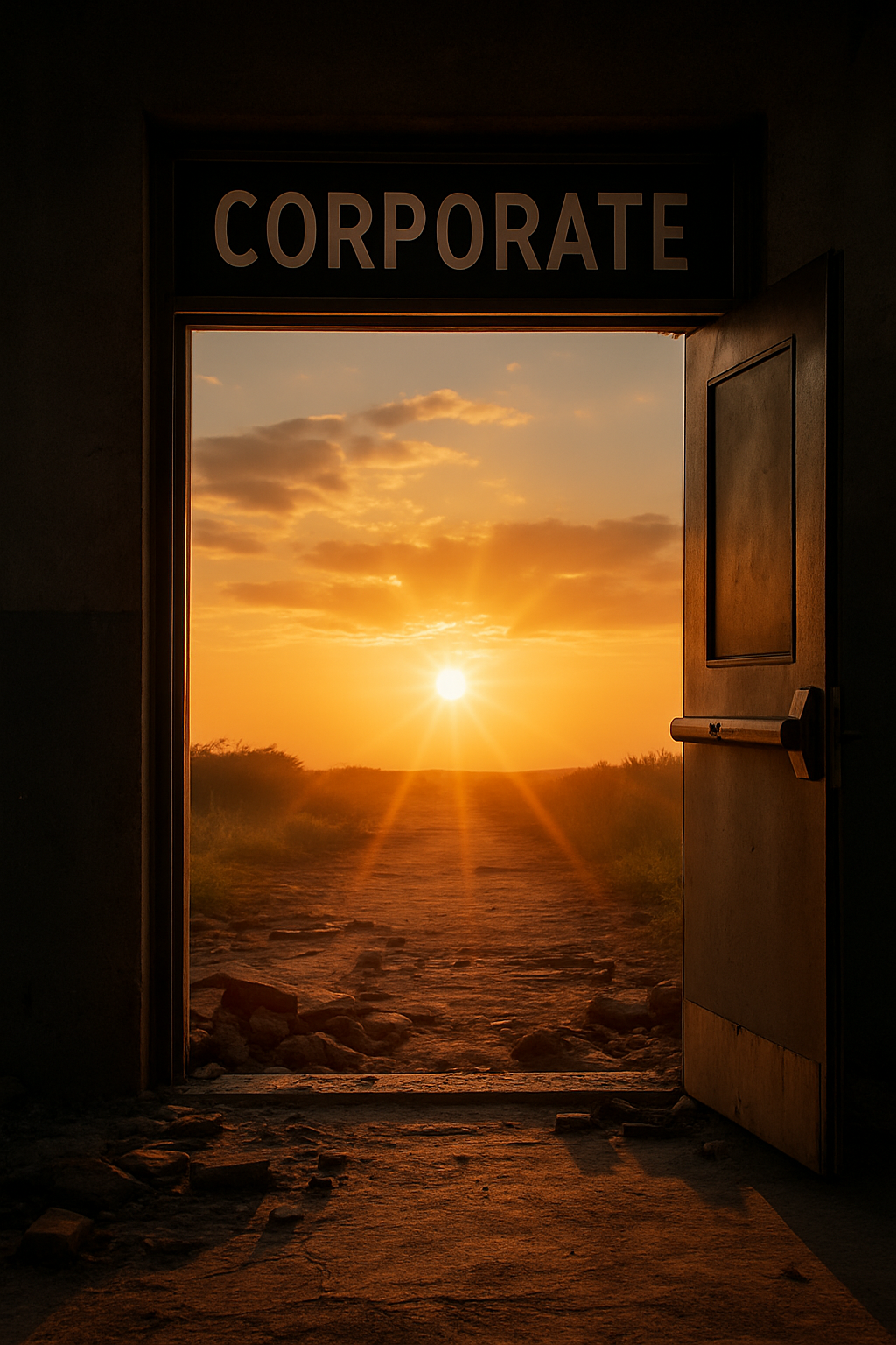 Sunrise through an exit door, symbolizing opportunity after layoffs