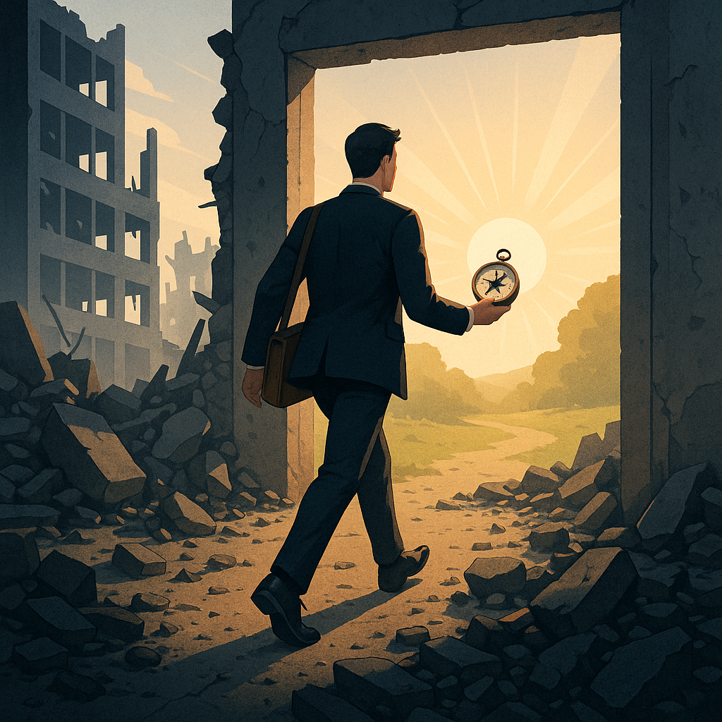 Professional walking from a closed office toward sunlight holding a compass