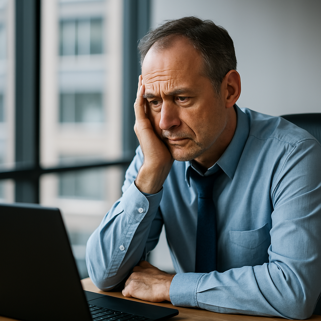 Mid-life professional reflecting at desk